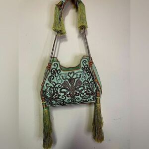 Buba,‎ bag, Turquoise Spiral embroidered in sequins, made of handmade leather